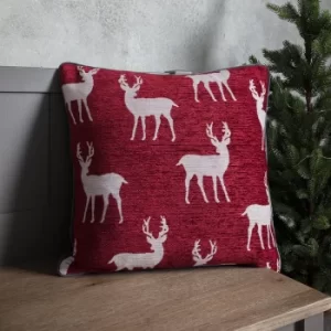 All Over Reindeer Red Chenille Cushion Red/Grey