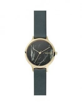 Skagen Anita Gold Tone Case With Natural Marble Stone Dial And Green Leather Strap Ladies Watch