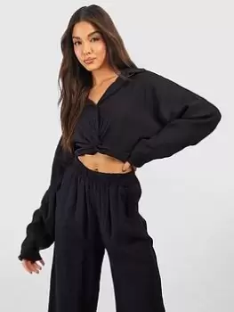 Boohoo Crinkle Knot Front Shirt - Black, Size 16, Women