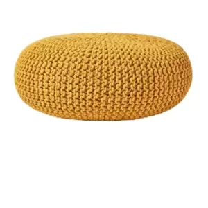 HOMESCAPES Mustard Large Round Cotton Knitted Pouffe Footstool - Mustard