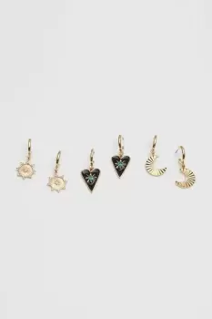 Gold Black Enamel Mystic Symbol Charm Drop Earrings - Pack of 3