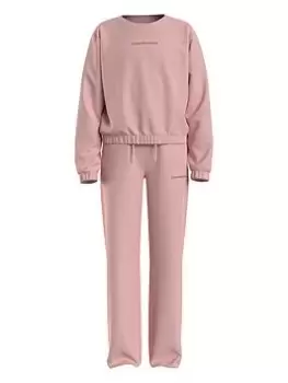Calvin Klein Jeans Girls Logo Boxy Crew Sweat And Sweatpants Set - Pink Blush, Pink Blush, Size Age: 12 Years, Women