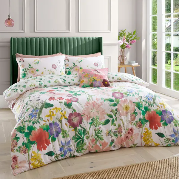 RHS Cottage Meadow 200 Thread Count Pink Cotton Reversible Duvet Cover and Pillowcase Set Pink