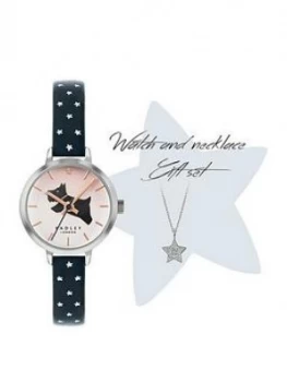 Radley Blush And Blue Dog Dial Blue Star Print Strap Ladies Watch And Necklace Gift Set