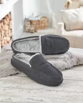 Cotton Traders Mens Suede Fur-Lined Mule Moccasin Slippers in Grey