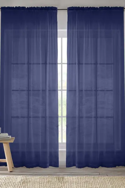 Enhanced Living Sheer Plain Woven Voile Slot Top Curtain Panel Pair Navy