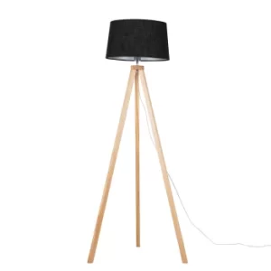 Barbro Light Wood Tripod Floor Lamp with Black Doretta Shade