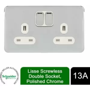 Schneider Electric Lisse Screwless Deco - Switched Double Power Socket, 13A, GGBL3020WPC, Polished Chrome with White Insert