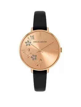 Amelia Austin Floral Ladies Black Leather Strap Clear Stone Set Etched Dial Watch, Rose Gold, Women