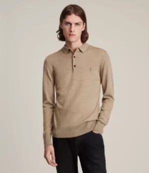 AllSaints Mens Mode Merino Long Sleeve Polo Shirt, Smoked Brown Marl, Size: XXL