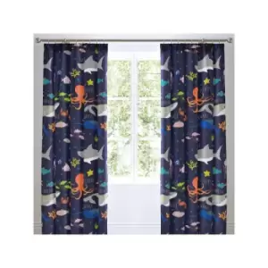 Bedlam Kids Sea Life Glow In The Dark Lined Pencil Pleat Curtains, Multi, 66 x 72 Inch