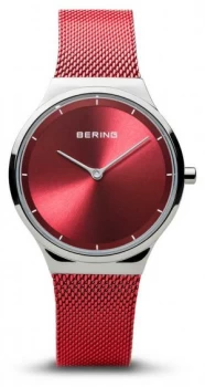 Bering Classic Womens Polished Silver Red Mesh Watch