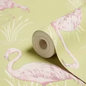 Arthouse Lagoon Green & Pink Flamingos Textured Wallpaper