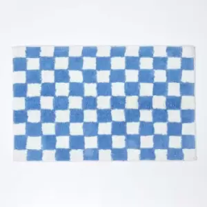Blue & White Check 100% Cotton Non Slip Bath Mat - Blue - Blue - Blue - Homescapes