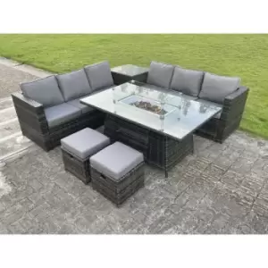 Fimous - Outdoor Rattan Garden Corner Furniture Gas Fire Pit Table Sets Gas Heater Lounge Small Footstools Dark Grey 8 Seater