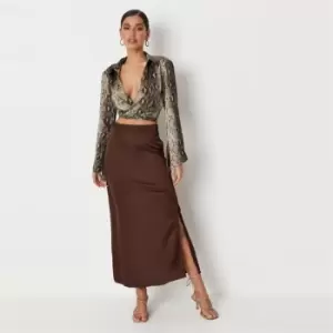 Missguided Bias Cut Midi Slip Skirt - Brown
