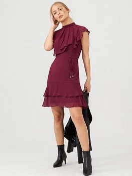 Oasis Frill High Neck Skater Dress - Berry, Size 16, Women