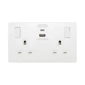 BG Evolve Pearl White Double Switched 13A Power Socket + USB C 30W + USB A (2.1A) - PCDCL22UAC30W