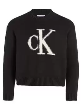 Calvin Klein Jeans Girls Fluffy Monogram Sweater - CK Black, Size Age: 10 Years, Women