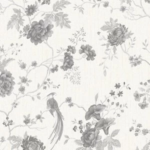 Graham & Brown Julien Macdonald Exotica White Floral & birds Silver effect Textured Wallpaper