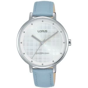 Lorus RG269PX9 Ladies Blue Leather Strap Watch with White Sunray Dial and Silver Lining