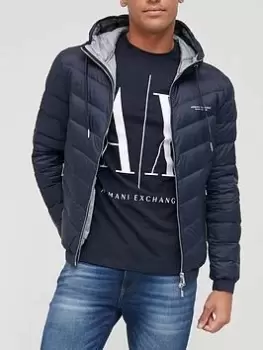 Armani Exchange Hooded Padded Down Fill Jacket - Navy, Size L, Men