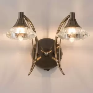 Double Wall Light and Sconce, Antique Brass Finish, Clear Glass Shades, G9 Bulb Cap
