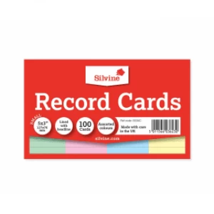 Silvine Lined Record Cards 127 x 76mm - Assorted Colours (100 Pack)