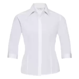 Russell Collection Ladies 3/4 Sleeve Poly-Cotton Easy Care Fitted Poplin Shirt (L) (White)