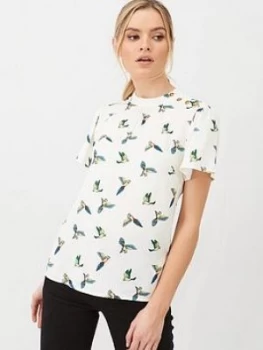 Oasis High Neck Bird Button Shoulder T-Shirt - Natural, Size 16, Women