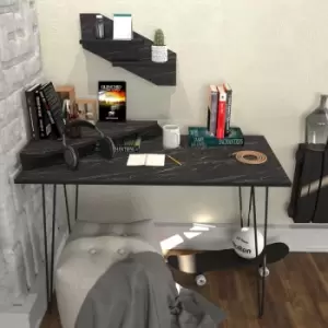 Decorotika - Desalvo Modern Hairpin Leg Computer Desk With Shelves,120 Cm Writing Desk - Black Marble Effect And Black