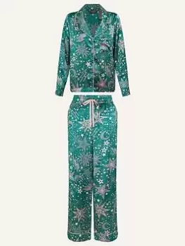 Accessorize Star Print Satin Pyjamas, Blue, Size S, Women