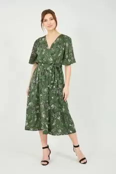 Green Recycled Bird Print Wrap Midi Dress