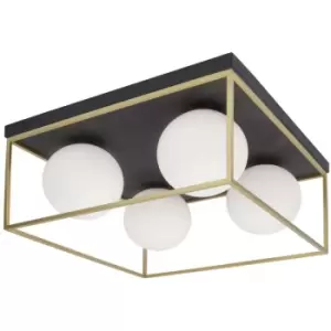 Merano - Dawson 4 Light Globe Ceiling Light Brass, Black Metal White Opal Glass LED E14