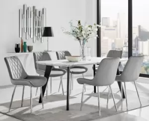 Andria Marble Effect Dining Table With Black Legs & 6 Pesaro Velvet Silver Leg Chairs