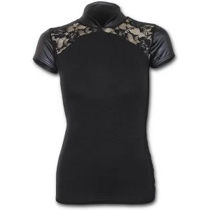 Gothic Elegance Leather Look Lace Womens X-Large Short Sleeve Top - Black