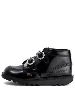 Kickers Kick Hi Vel Bloom Patent Boot School Shoe, Black, Size 2 Older