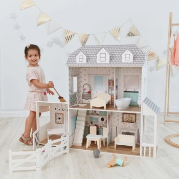 Large Dreamland Farmhouse Dolls House Wooden Doll House 2.9ft With 14 Doll Accessories TD-12901A - White / Grey - Olivia's Little World
