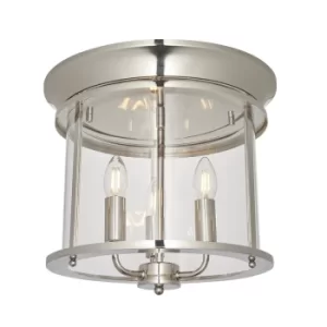 Hampworth Round Ceiling 3 Candle Lantern Bright Nickel, Clear Glass Shade