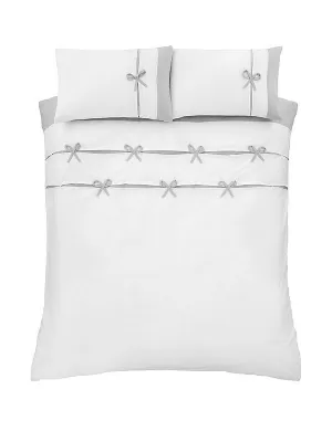 Catherine Lansfield Milo Bow White and Grey Duvet Cover and Pillowcase Set Light Grey