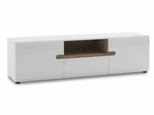 Furniture To Go Chelsea White High Gloss and Truffle Oak Wide TV Cabinet Opening Flat Packed