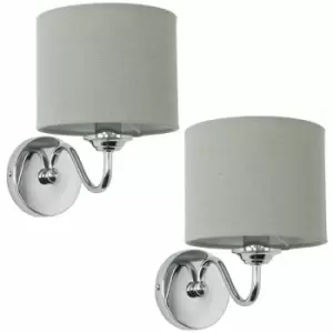 2 x Chrome Curved Arm Wall Light Fittings With Grey Linen Shades