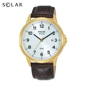 Pulsar PX3200X1 Mens Solar Brown Classic Leather Strap Gold Case 50M Watch