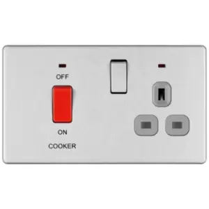 Bg Brushed Steel 45A Cooker Connection Unit Switched Socket with Power Indicator Grey Surround - Screwless Flatplate - 286921