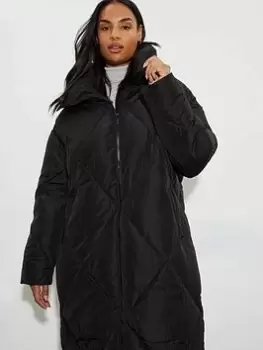 Dorothy Perkins Funnel Neck Diamond Padded Longline Oversized Coat - Black, Size XL, Women