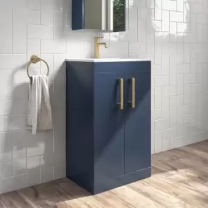500mm Blue Freestanding Vanity Unit with Basin and Brushed Brass Handle - Ashford