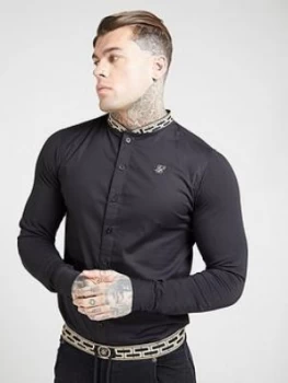 SikSilk Long Sleeve Tape Collar Shirt - Black/Gold, Size S, Men