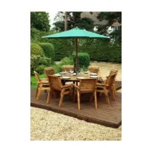 8 Seater Wooden Round Garden Dining Table & Chairs Parasol Green - Charles Taylor