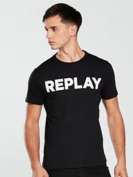 Replay Logo T Shirt, Black, Size L, Men