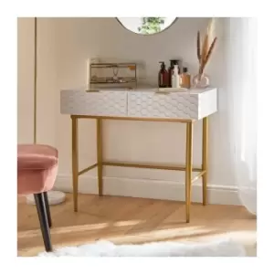 BTFY White & Gold Dressing Table with 2 drawers - Honeycomb Design, Vanity Table, Desk, Make up table, Vanity Desk with Gold Metal Legs, for Bedroom,